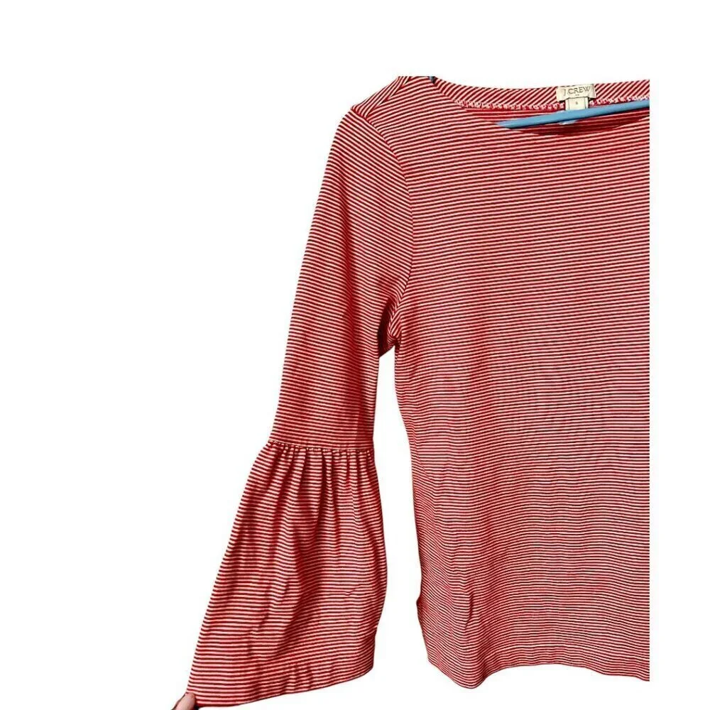 J. Crew Women's Red Orange White Stripe Boat Neck Bell Sleeves Top Size Small